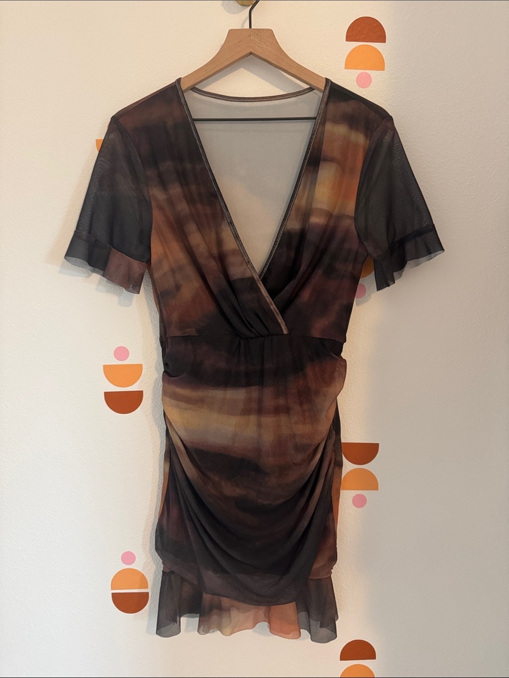 SHEIN Brown Tie-Dye Mesh Wrap Mini Dress N0090